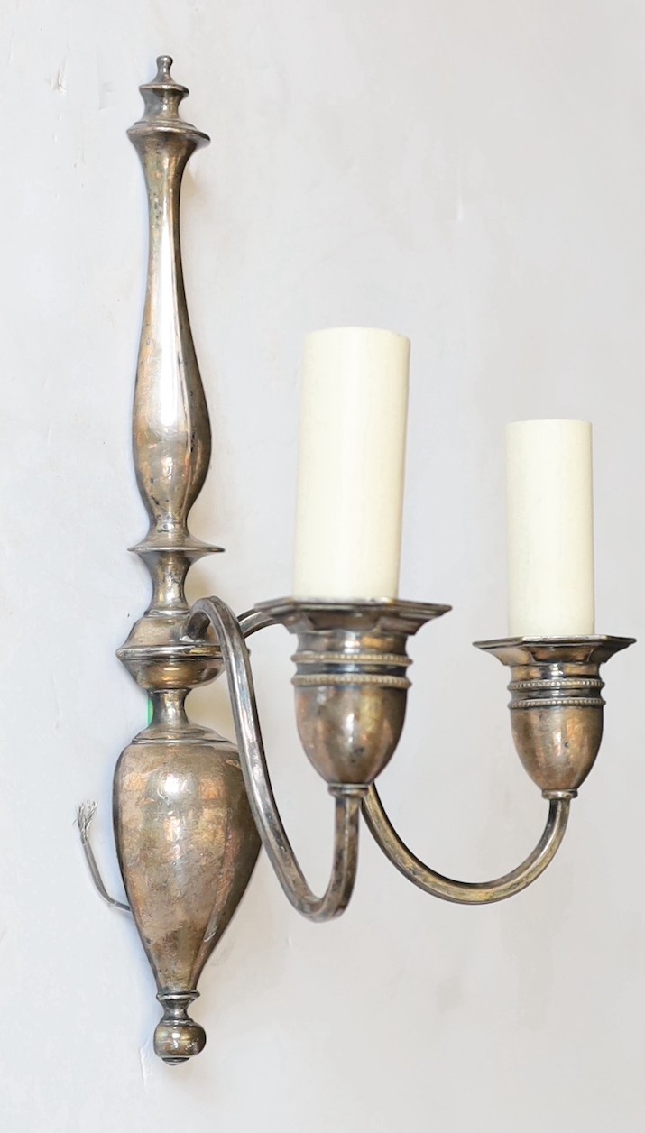 A pair of Edwardian silver plated brass wall lights, attributed to Faraday and Son, height 30cm. width 21cm